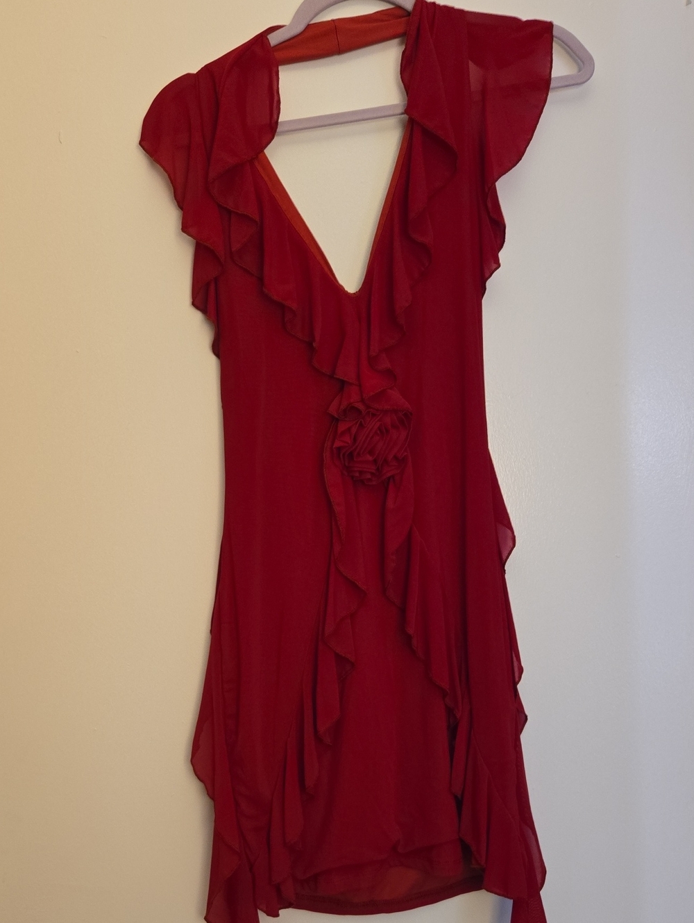 SHEIN Red Ruffle V-Neck Dress with Floral Rosette